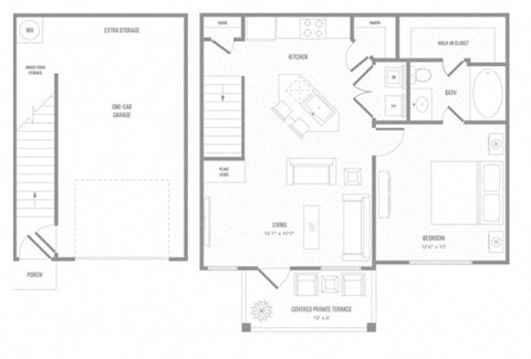 Floor plan for 1 bed, 1 bath, 750 sqft